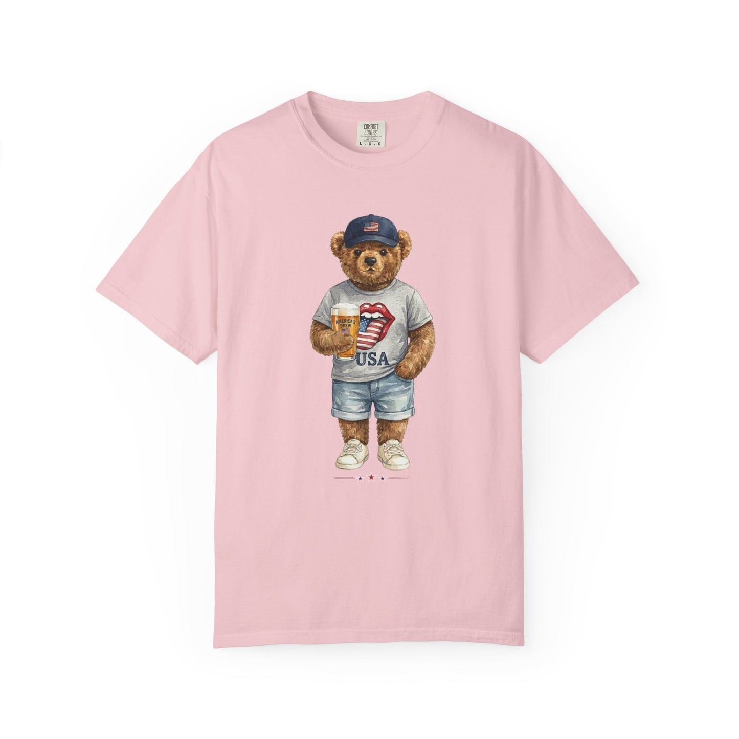 blossom t-shirt with a bear graphic wearing a cap and shorts on a white background