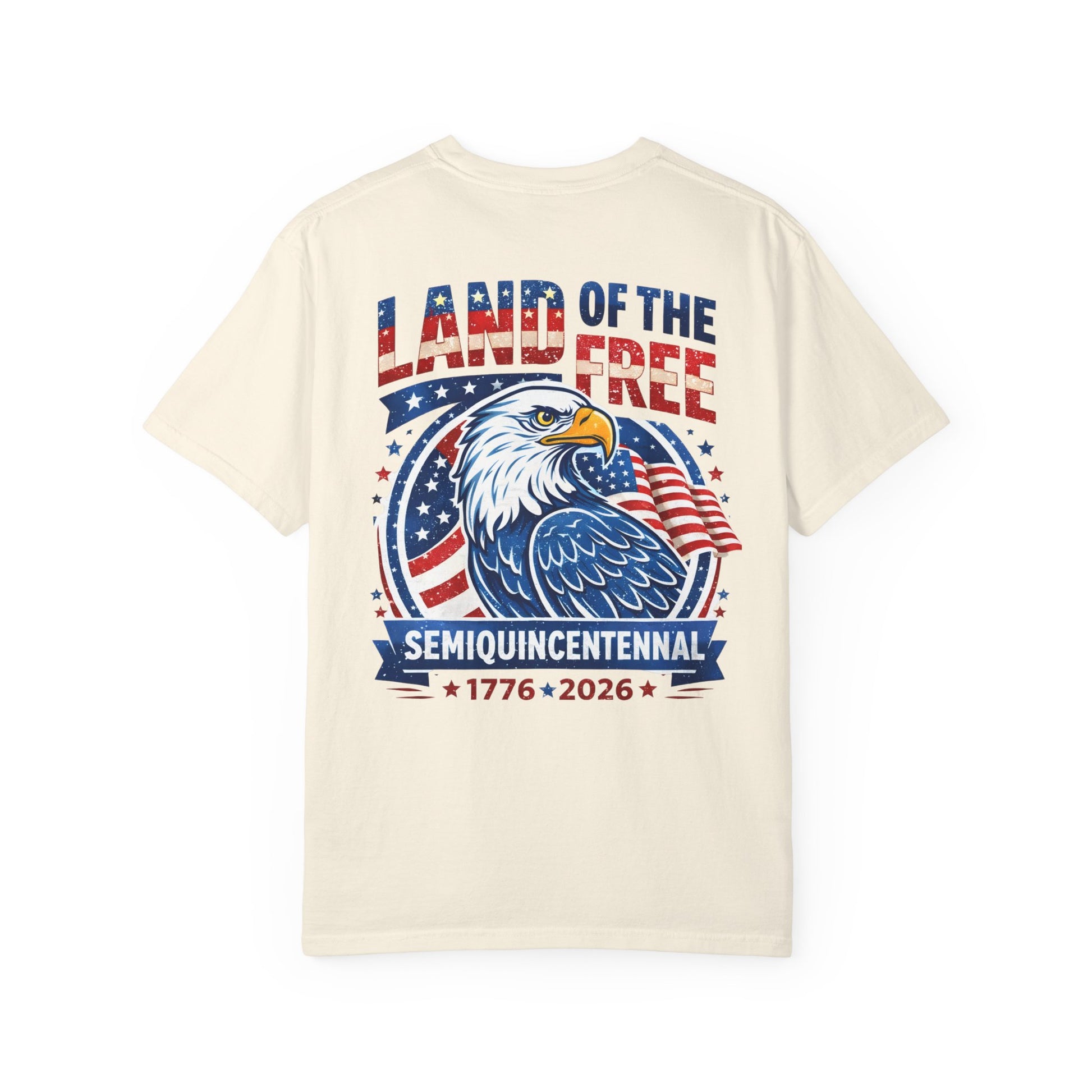ivory t-shirt with an eagle graphic and text on the back, featuring American flag colors.