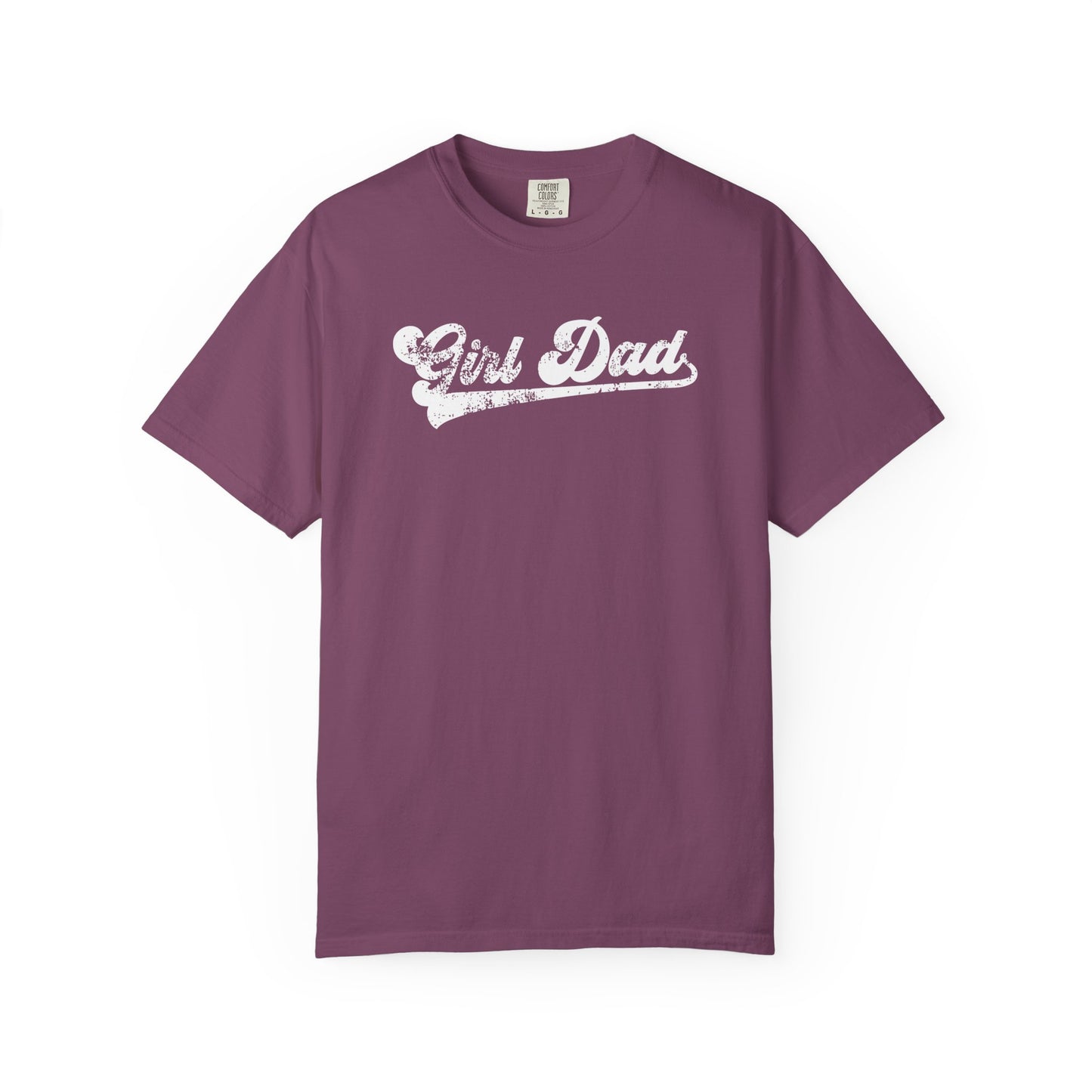 Berry t-shirt with 'Girl Dad' text on a white background