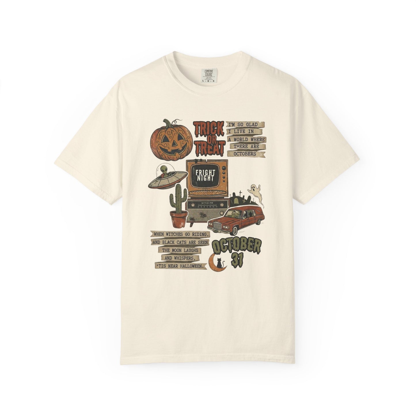 Halloween Retro Graphic T-Shirt in Ivory — vintage trick or treat collage tee, garment dyed