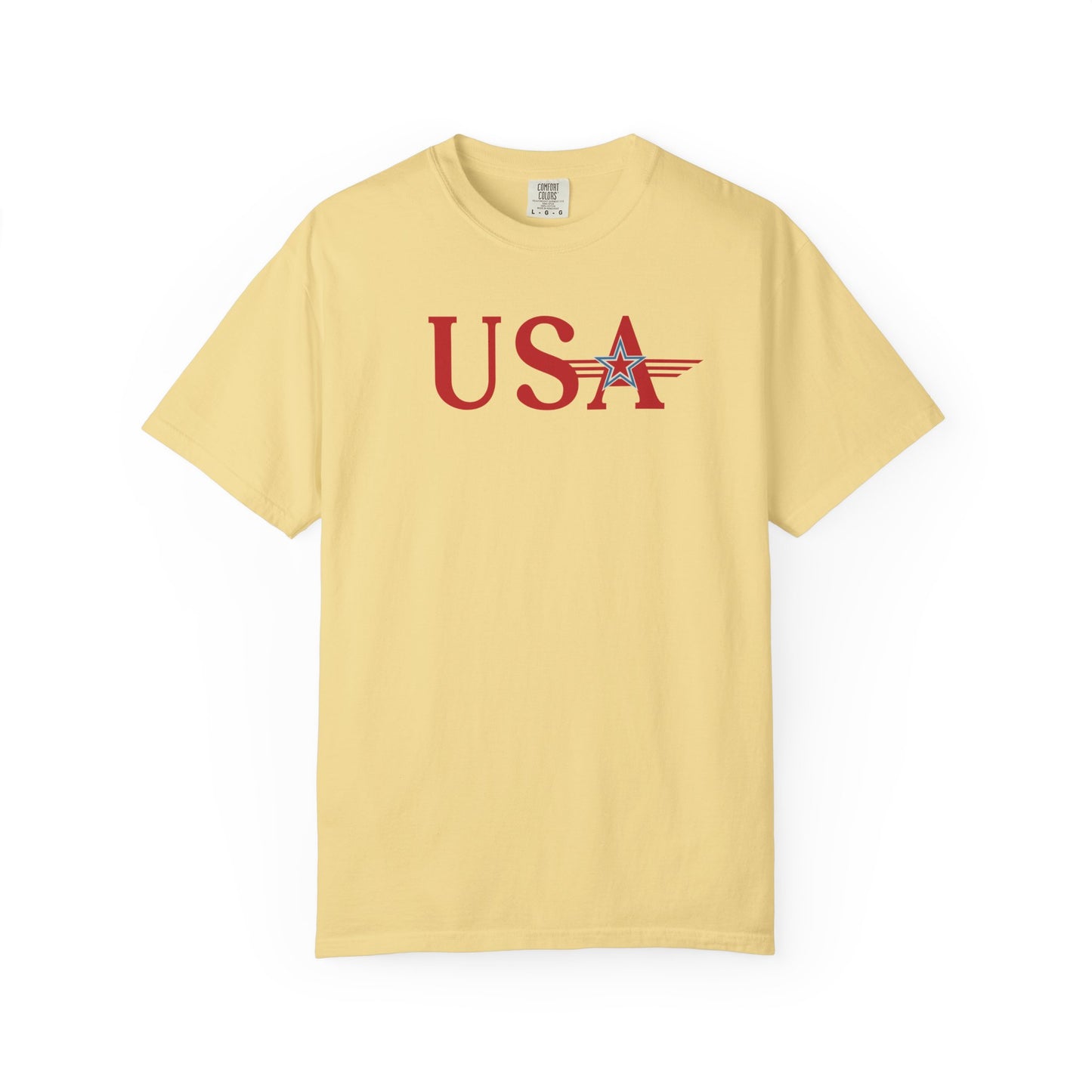 banana t-shirt with 'USA' text and star design on a white background