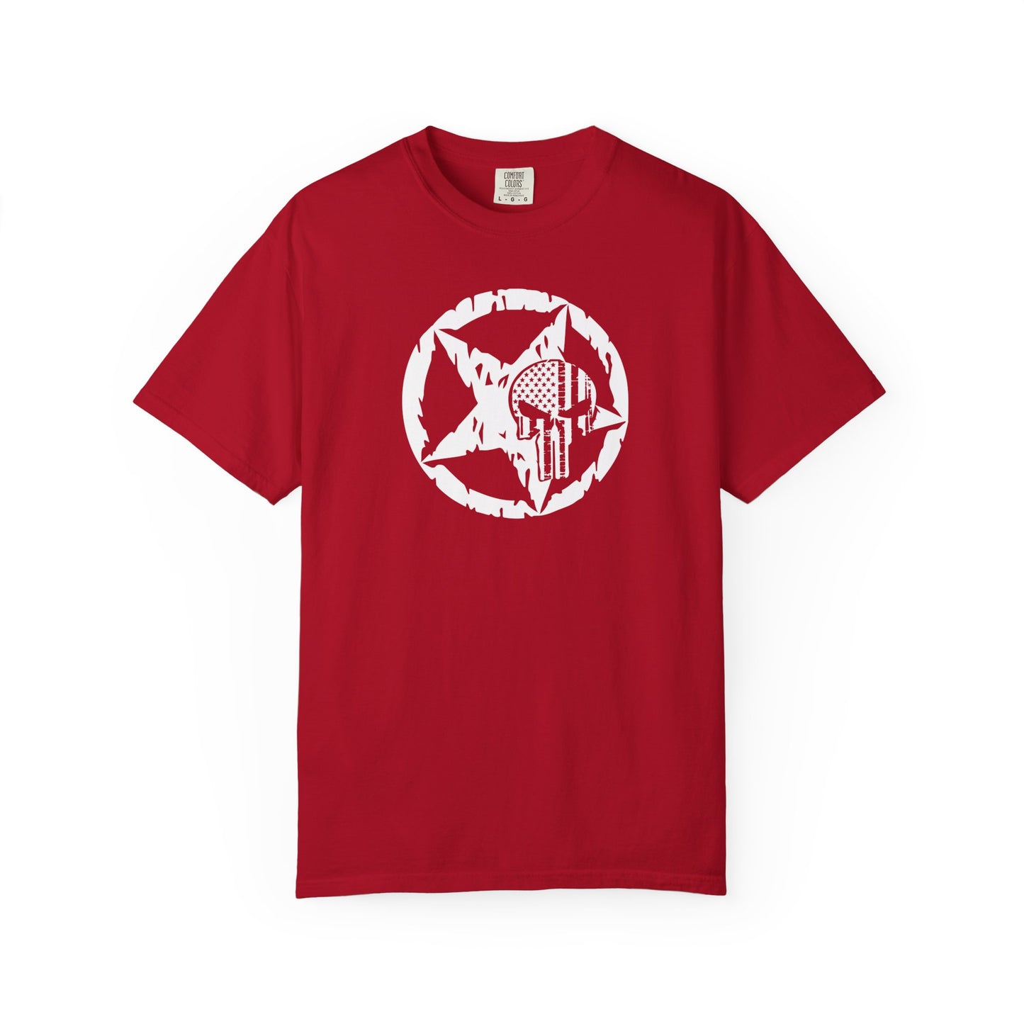 red t-shirt with white star and circle design on front, and Punisher skull design on back
