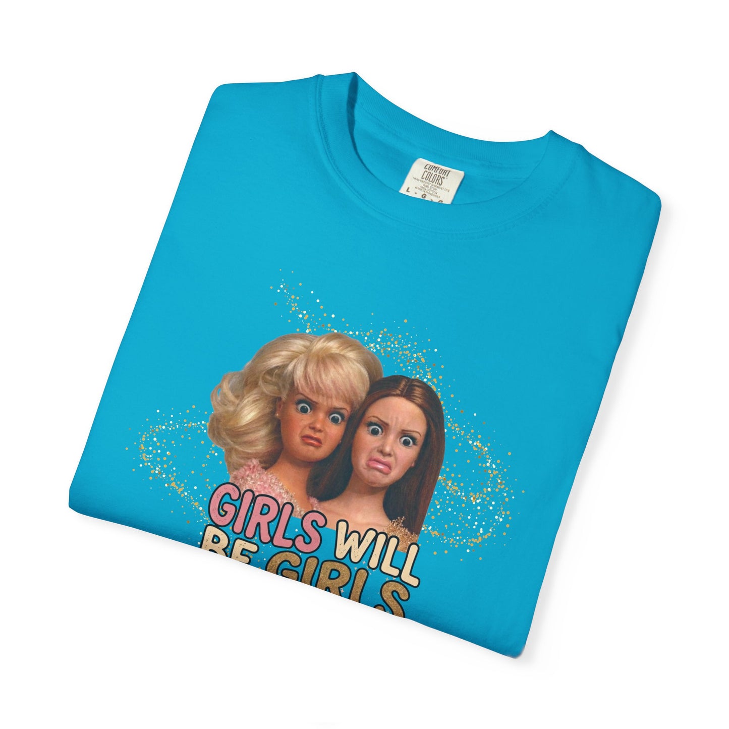 Girls Will Be Girls retro graphic t-shirt in Sapphire— vintage doll print feminist tee