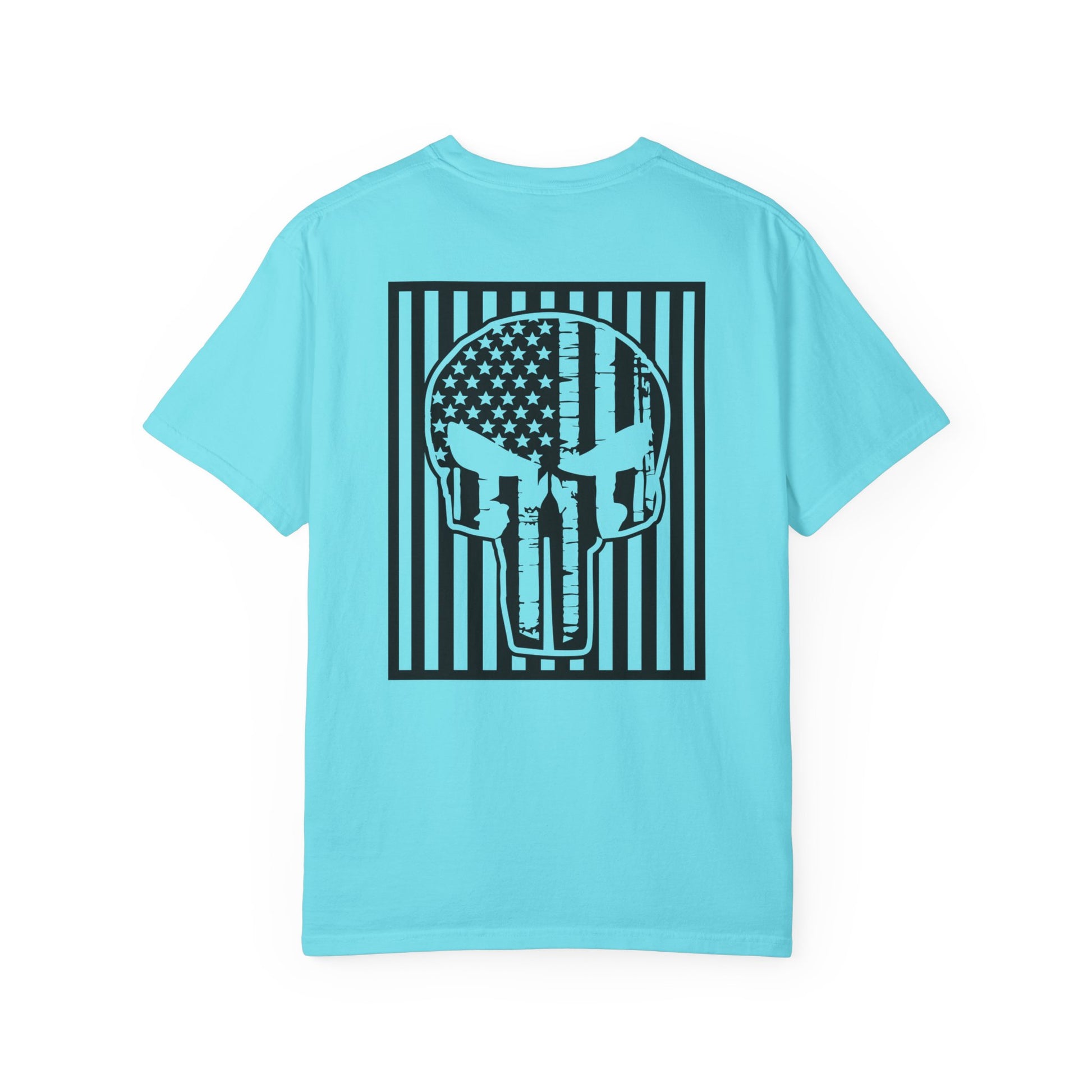 lagoon blue t-shirt with white star and circle design on front, and Punisher skull design on back