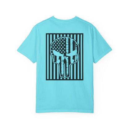 lagoon blue t-shirt with white star and circle design on front, and Punisher skull design on back