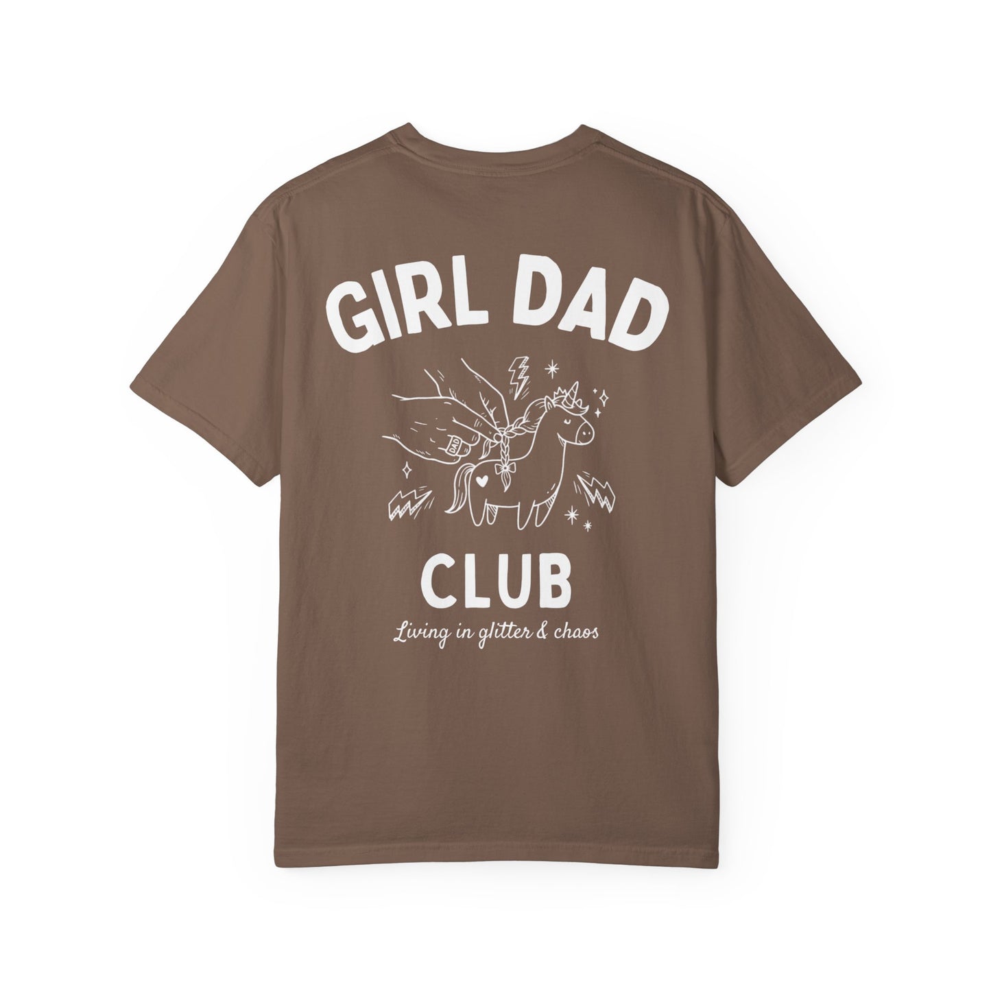 Girl Dad Club espresso t-shirt with graphic print on a plain background