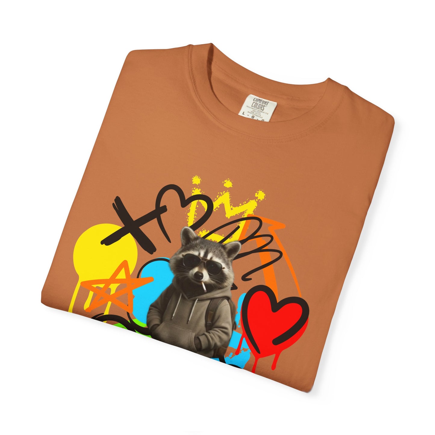 Graffiti Raccoon T-Shirt — Street Art Graphic Tee with Heart & Crown