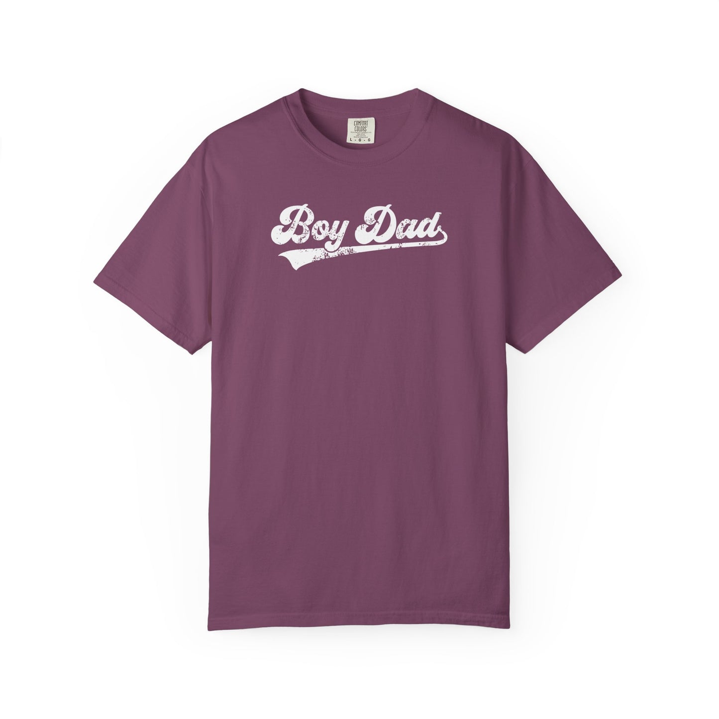 Berry t-shirt with 'Boy Dad' text on a white background