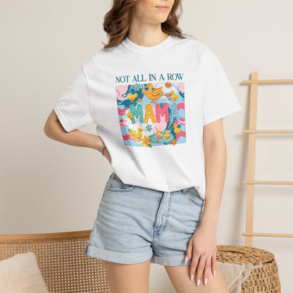 white "mama" t-shirt with colorful graphic design featuring ducks and text on a white background.