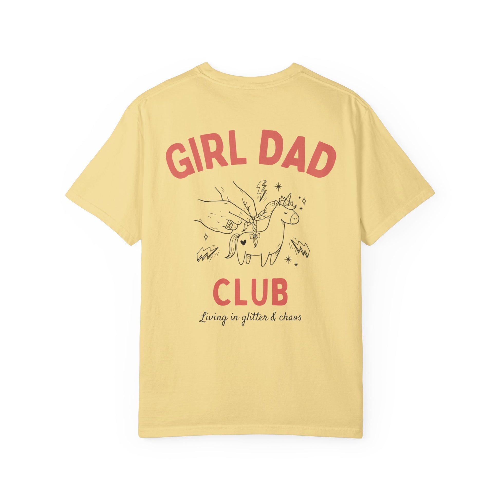 Girl Dad Club butter t-shirt with graphic print on a plain background