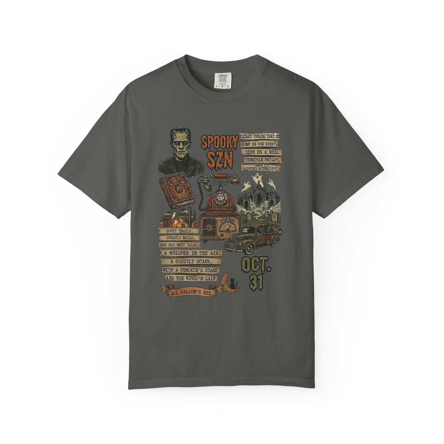 Spooky Season Graphic T-Shirt in Pepper — vintage Halloween haunted carnival tee, garment dyed