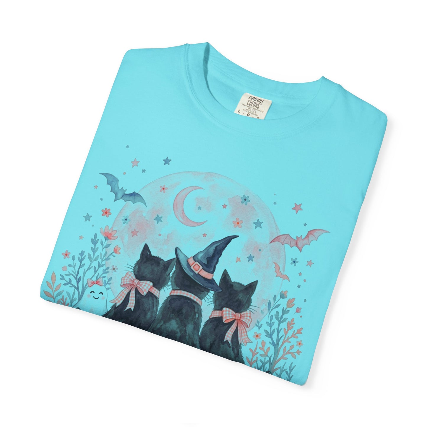 Witchy Black Cats Pumpkin Tee in Lagoon Blue— watercolor Halloween cat shirt with witch hat, blush moon, pumpkins & roses