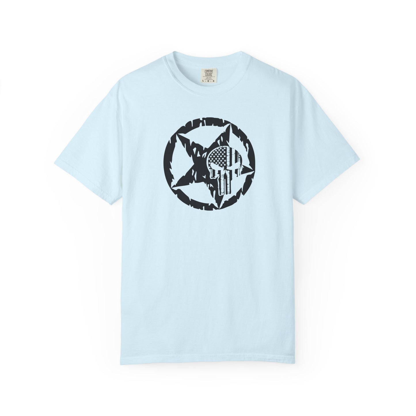 Chambray t-shirt with white star and circle design on front, and Punisher skull design on back