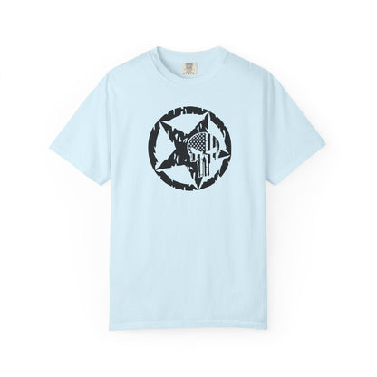 Chambray t-shirt with white star and circle design on front, and Punisher skull design on back