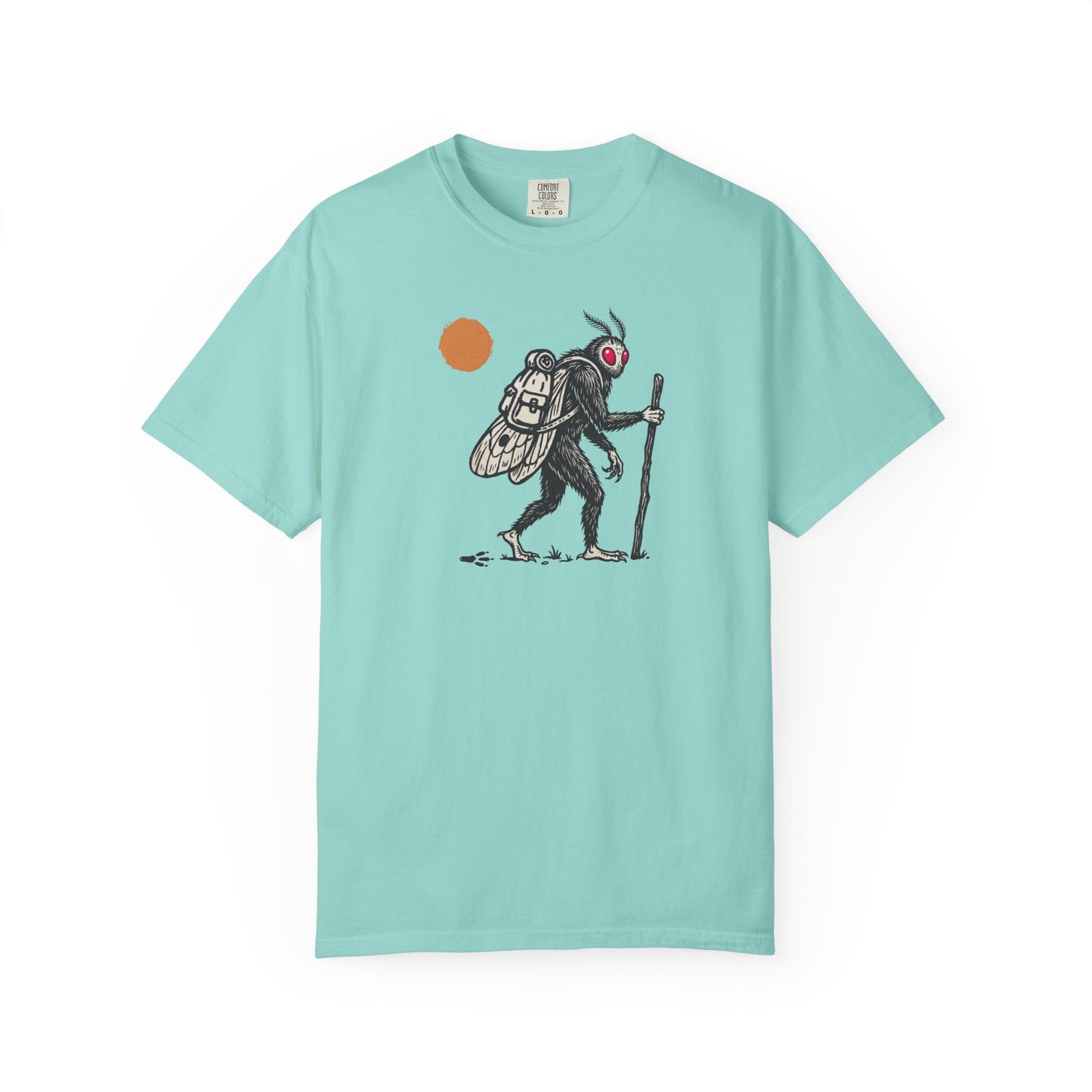 Mothman Traveler Graphic T-Shirt in Chalky Mint — backpacking cryptid tee with sun