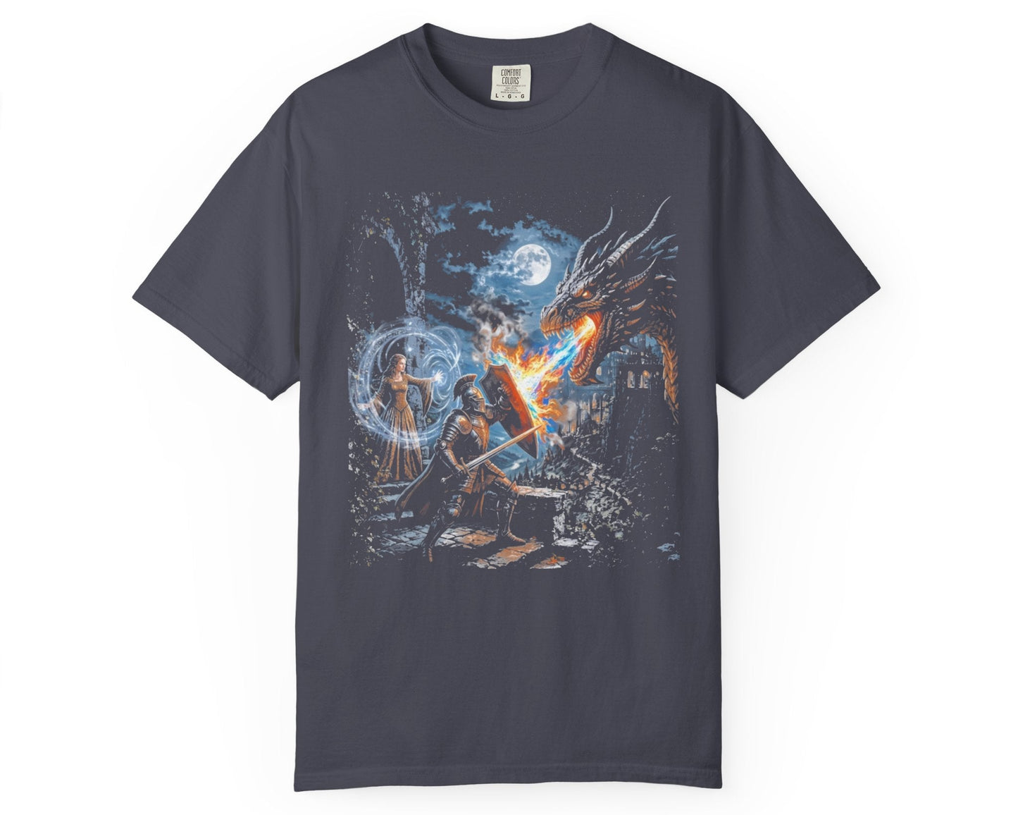 Navy blue dragon knight fantasy graphic tee flat lay – moonlit battle scene with sorceress and fire-breathing dragon