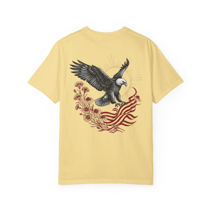banana t-shirt with an eagle and American flag design on a white background