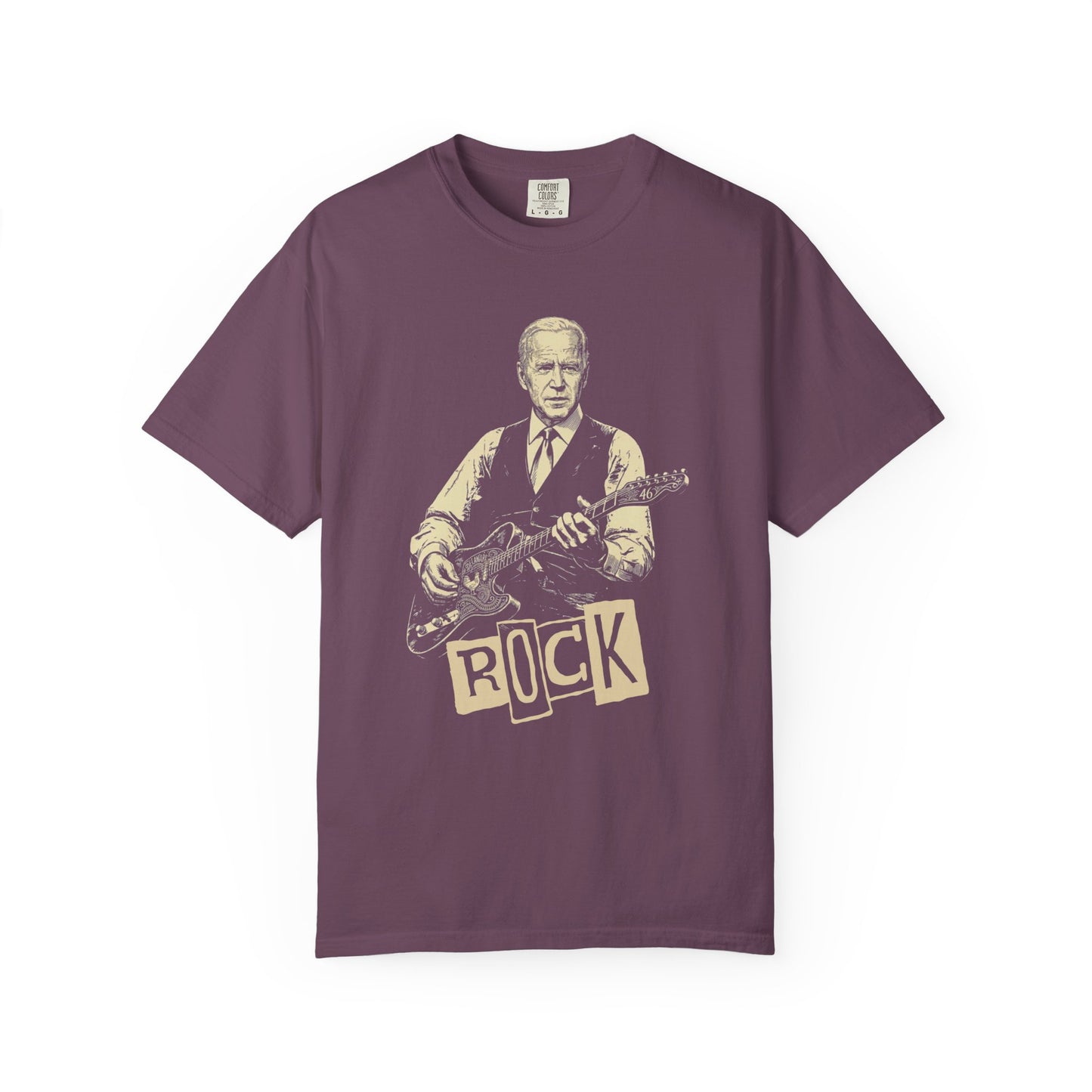 a berry t-shirt with a graphic of a president Biden playing guitar and the word 'ROCK'.