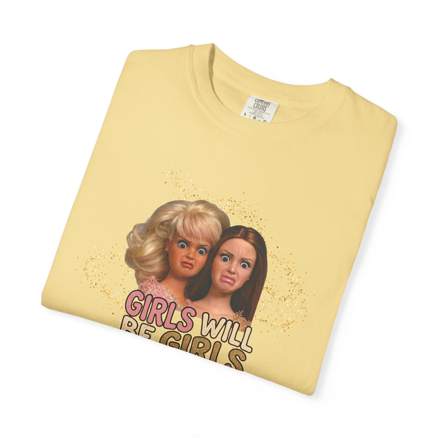 Girls Will Be Girls retro graphic t-shirt in Butter — vintage doll print feminist tee