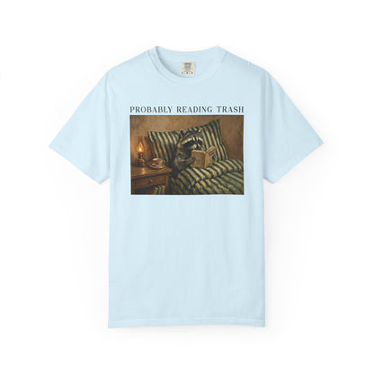 Raccoon Probably Reading Trash T-Shirt in Chambray – Funny Bookish Graphic Tee