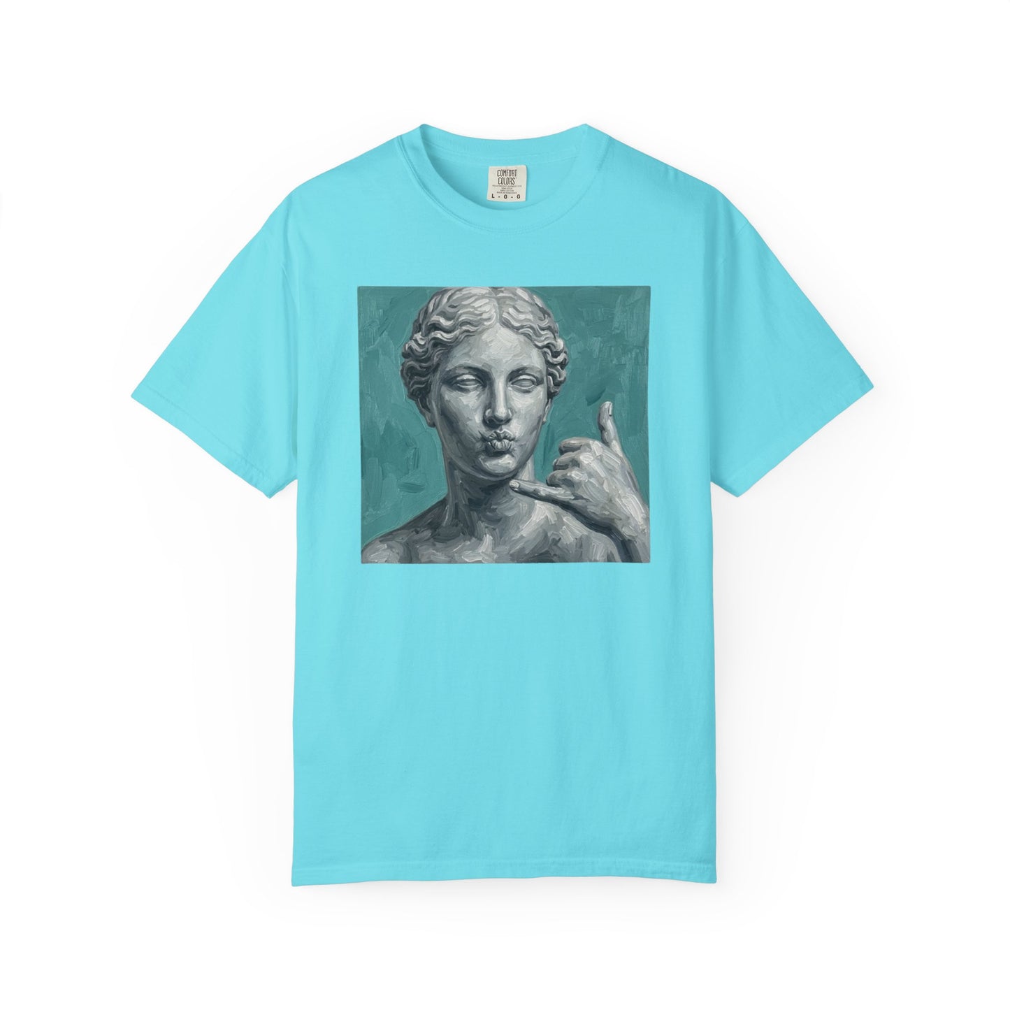 Classical Statue Call Me t-shirt in Lagoon Blue — funny art shirt garment-dyed cotton
