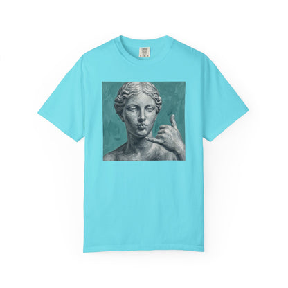Classical Statue Call Me t-shirt in Lagoon Blue — funny art shirt garment-dyed cotton
