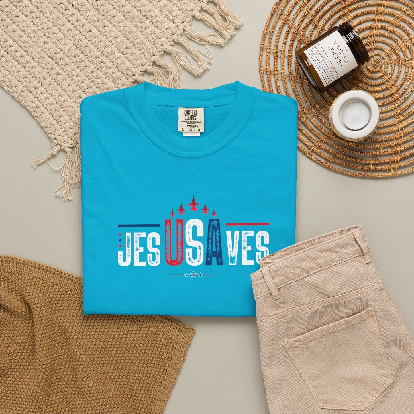 jesUSAves Graphic T-Shirt in Sapphire — Jesus Saves retro Americana faith tee, garment dyed
