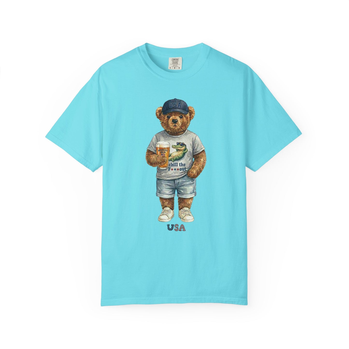 Lagoon blue t-shirt with a bear graphic holding a beer mug on a white background
