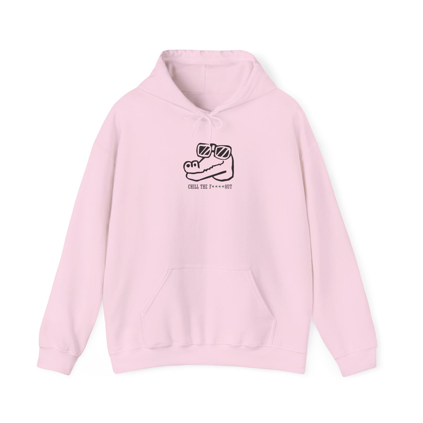 light pink hoodie with a graphic design of a croc and the phrase"chill the f out" on a white background