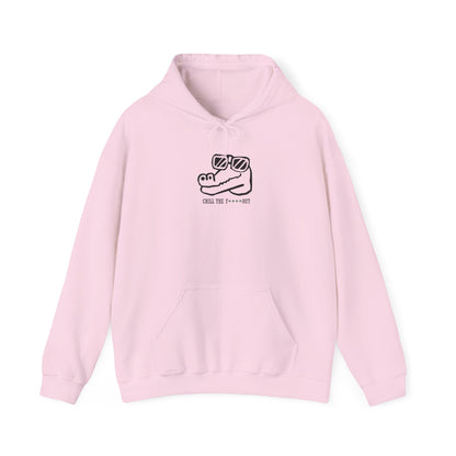light pink hoodie with a graphic design of a croc and the phrase"chill the f out" on a white background
