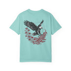 chalky mint  t-shirt with an eagle and flag design on the back against a white background