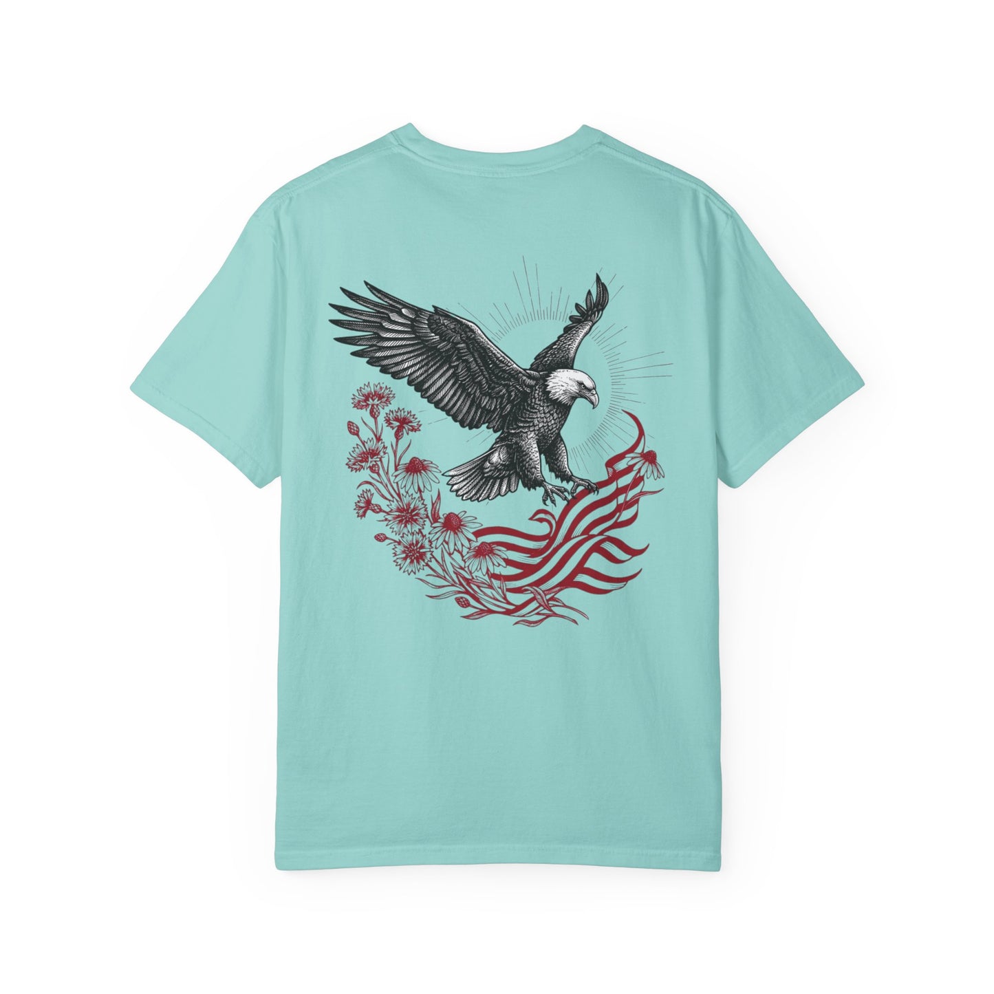 chalky mint  t-shirt with an eagle and flag design on the back against a white background
