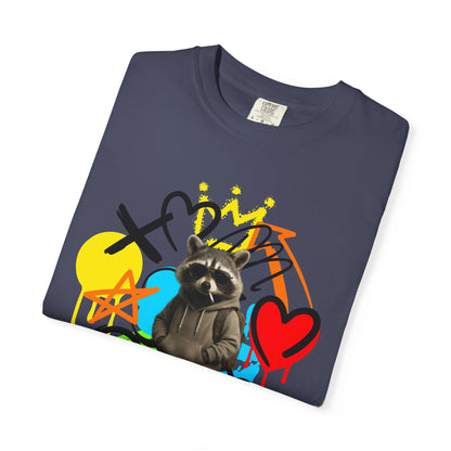 Graffiti Raccoon T-Shirt — Street Art Graphic Tee with Heart & Crown