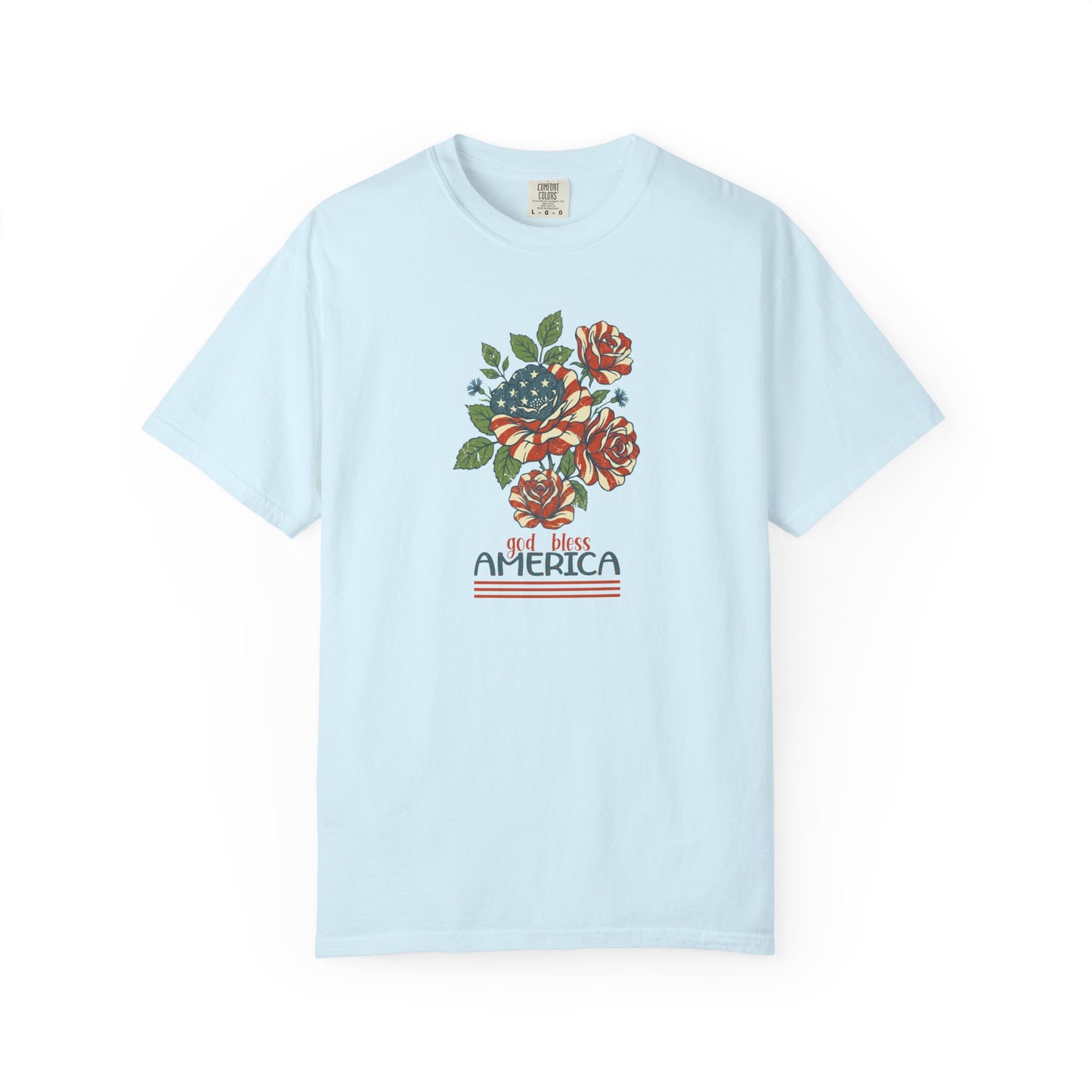 Chambray garment-dyed t-shirt with patriotic floral God Bless America graphic on chest