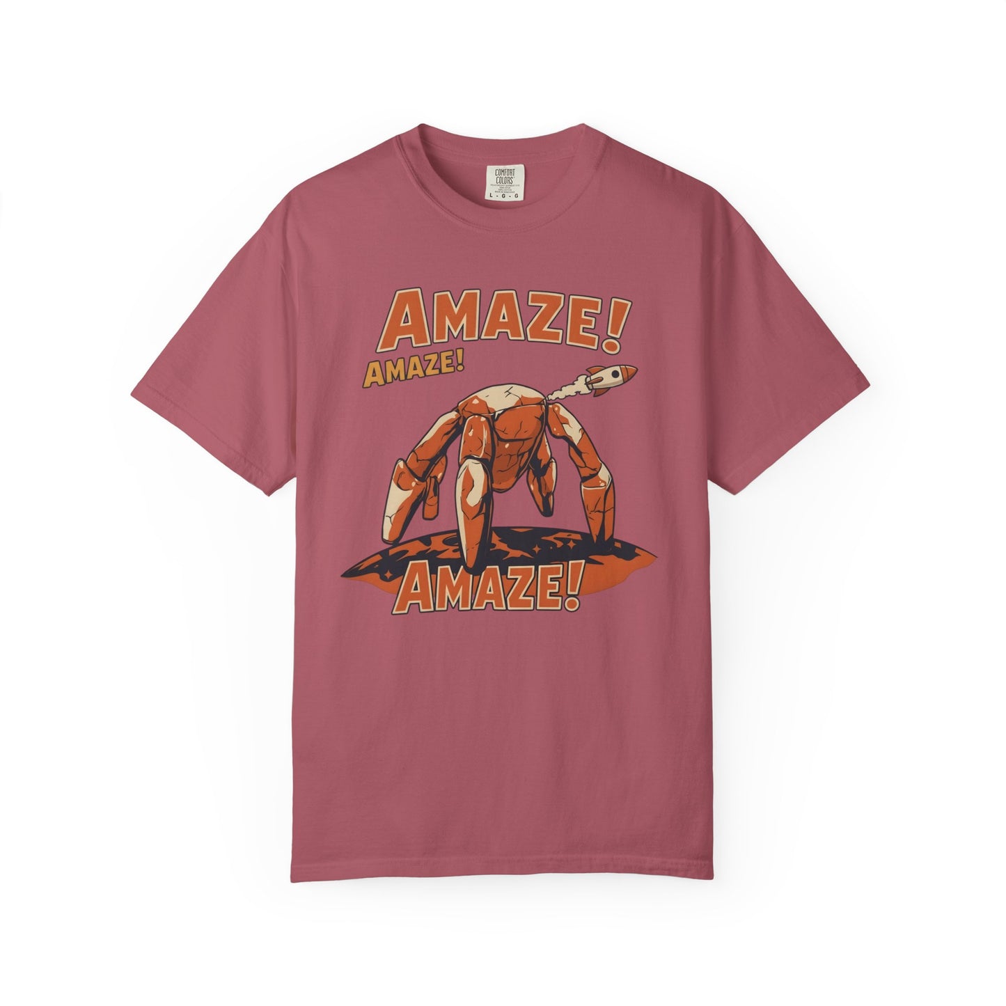 Amaze Rocky Comfort Colors Shirt in Crimson – sci-fi graphic tee, soft garment-dyed unisex fit