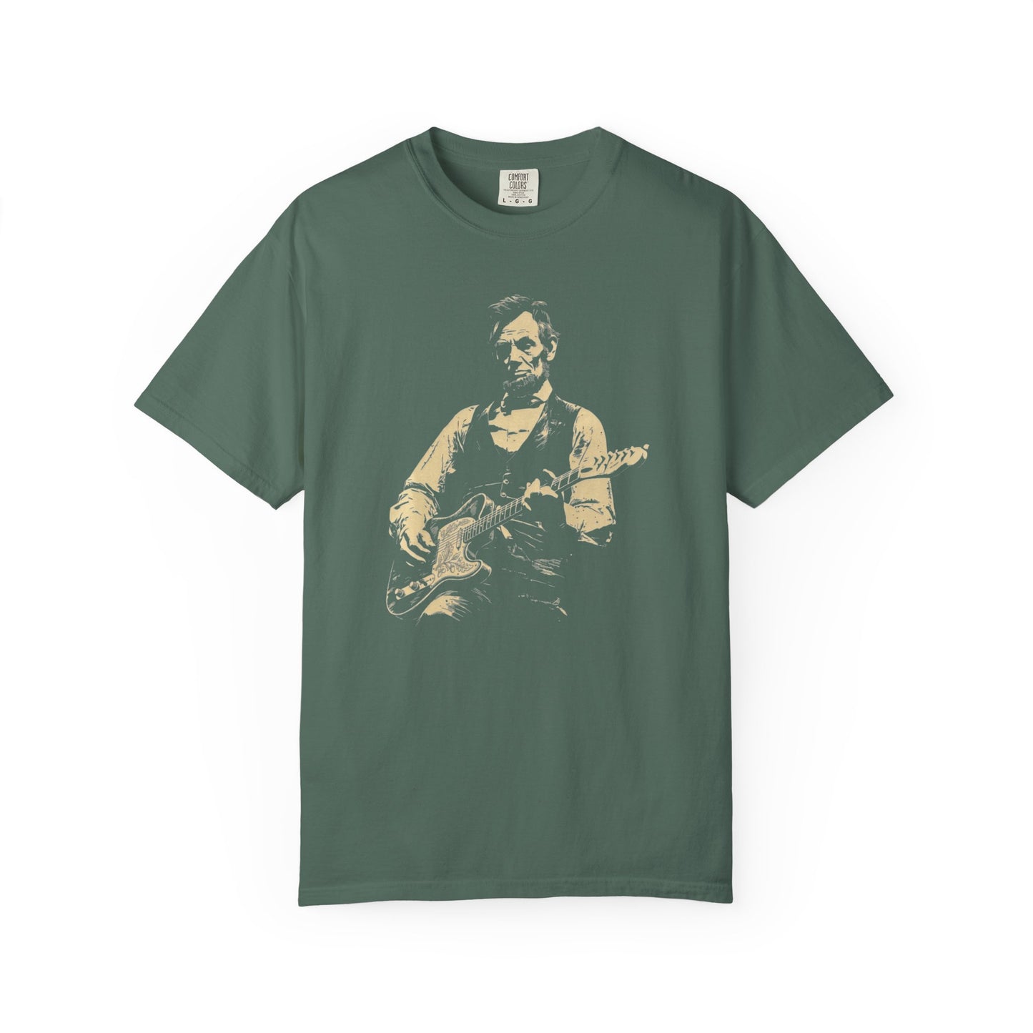 light green  t-shirt with a graphic of a president lincoln  playing guitar on a white background