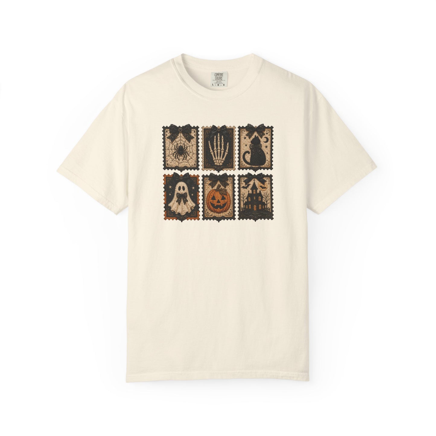 Vintage Halloween Faux Patchwork T-Shirt — Spooky Stamp Graphic Tee