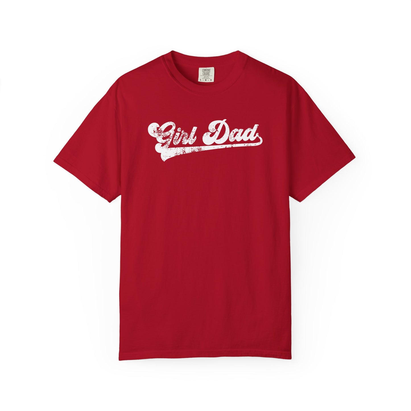Red t-shirt with 'Girl Dad' text on a white background