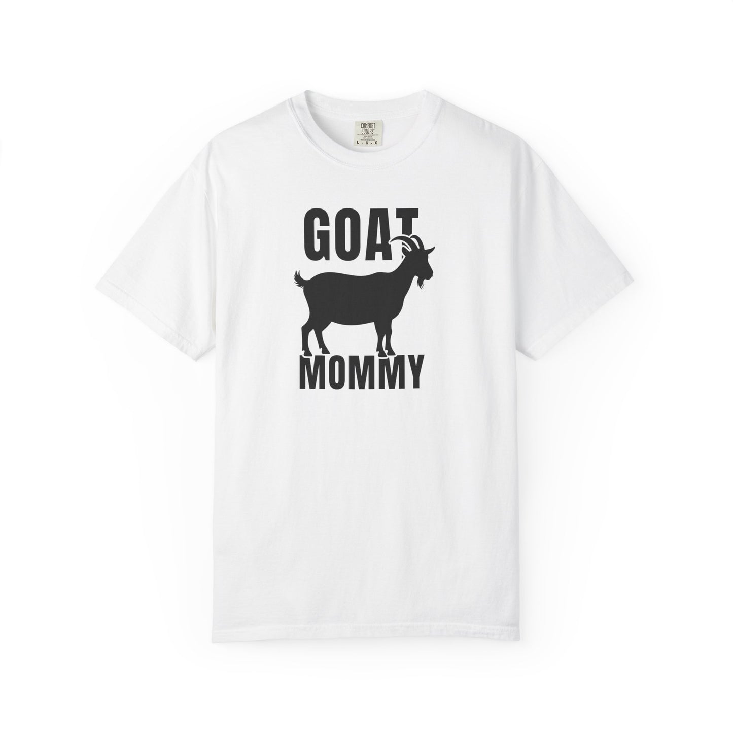 Goat Mommy funny goat mom graphic tee in White — Comfort Colors garment-dyed farm mom shirt