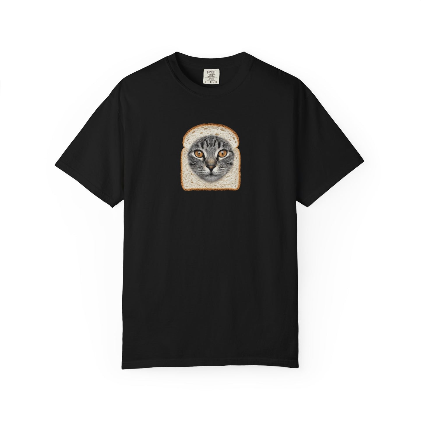 black t-shirt with graphic of cat sticking out a bread loaf on a white background