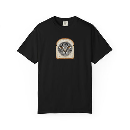 black t-shirt with graphic of cat sticking out a bread loaf on a white background