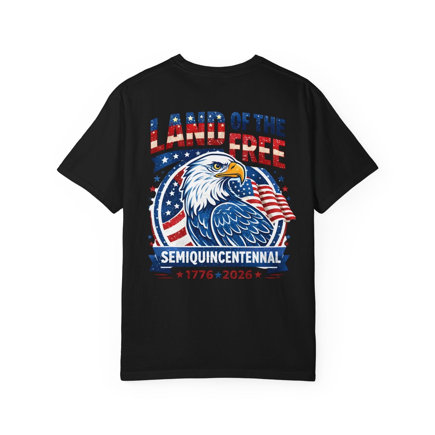 Black t-shirt with an eagle graphic and text on a white background