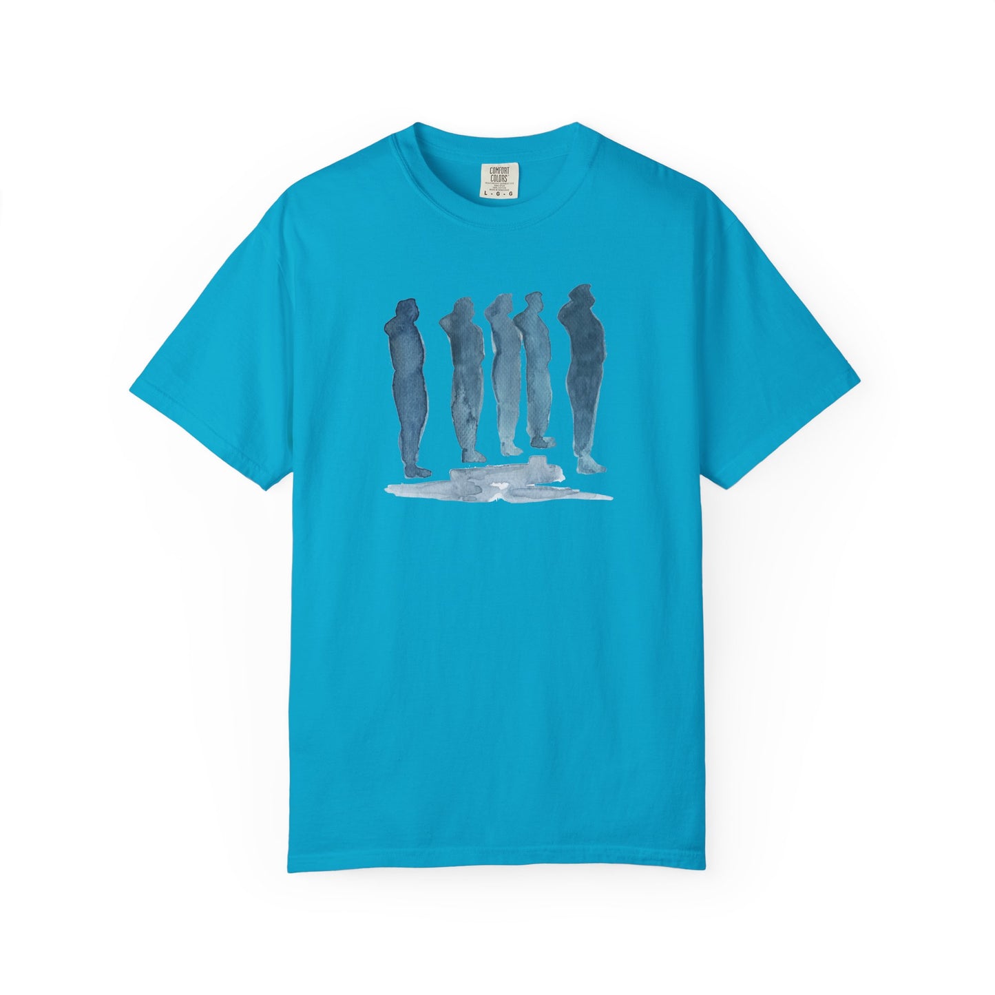 sapphire t-shirt with blue graphic design  of soldiers and a flag on front and back 