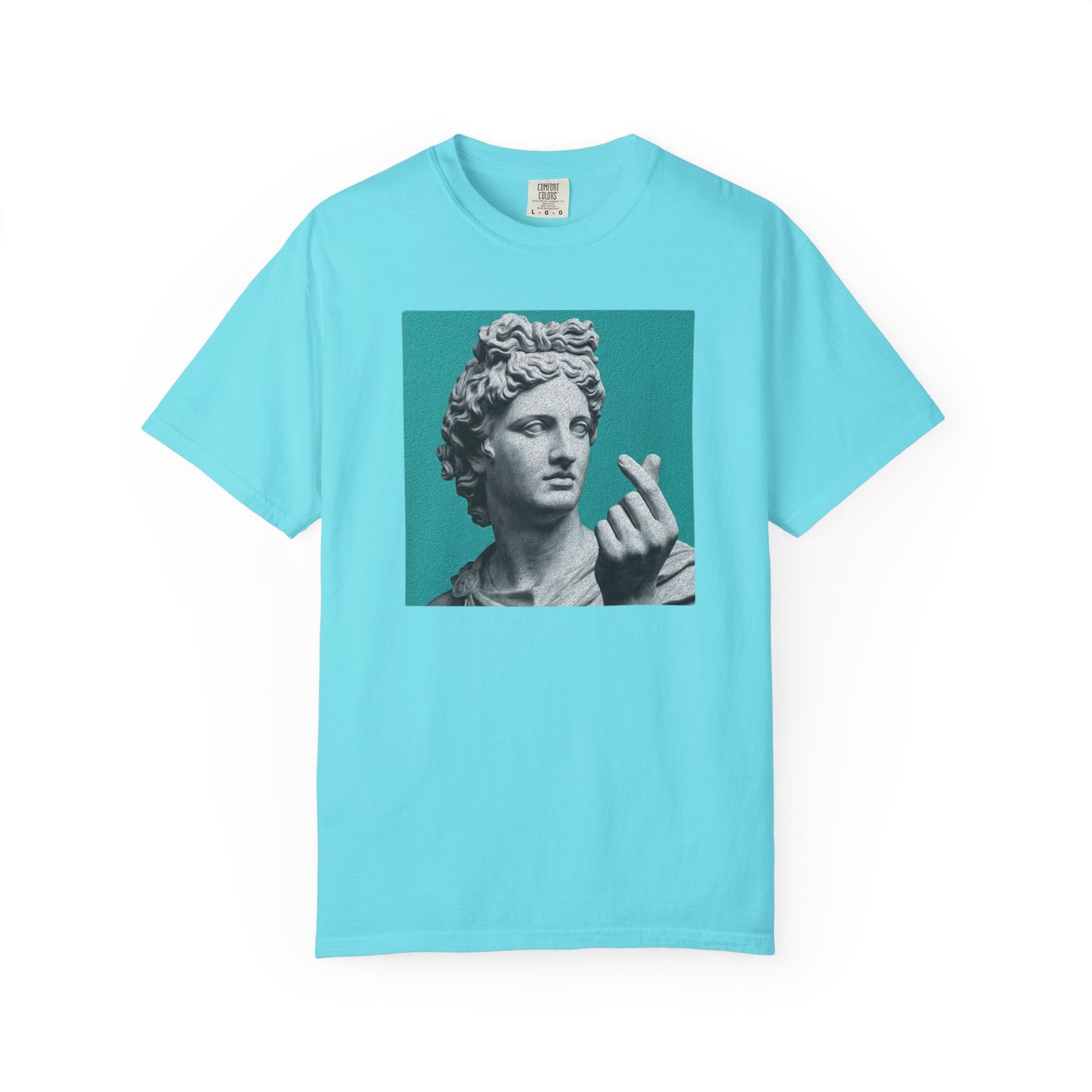 Statue Heart Gesture T-Shirt in Lagoon Blue — marble statue heart gesture graphic, vintage art garment-dyed tee