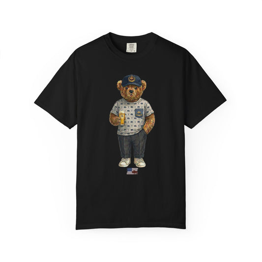 a black  t-shirt with a teddy bear graphic, sitting on a white background