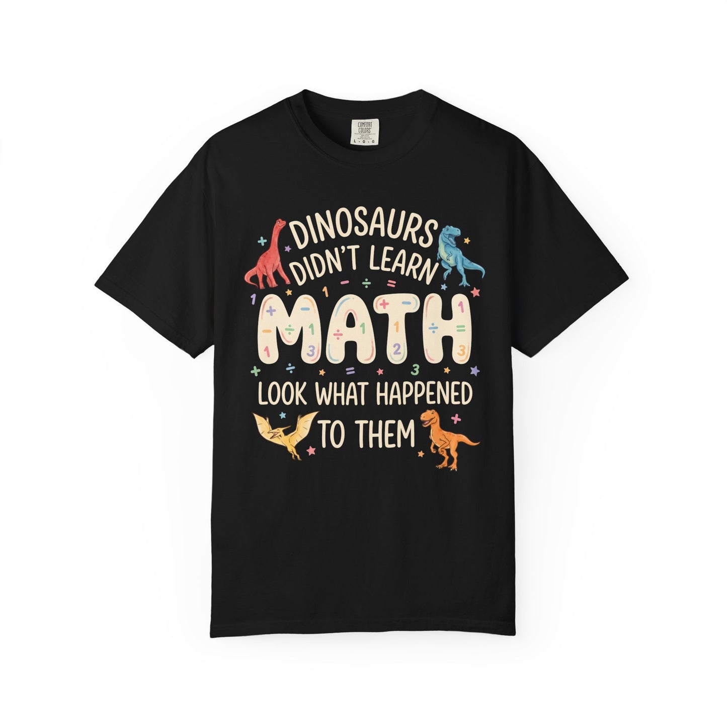 Black t-shirt with dinosaur-themed text on a white background