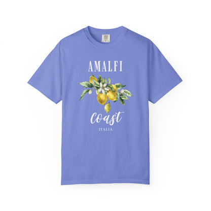 flo blue t-shirt with 'Amalfi Coast Italia' design featuring lemons and leaves on a white background.