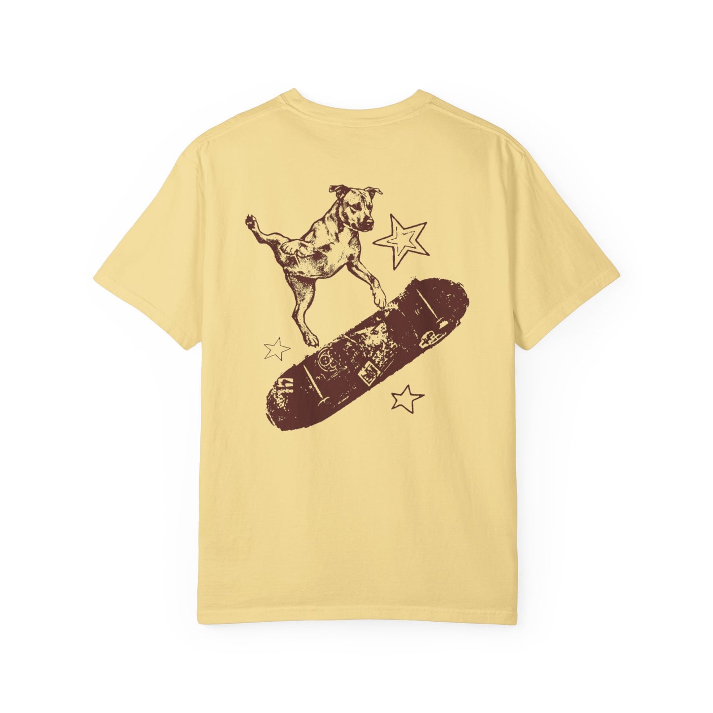 banana t-shirt with a graphic of a dog on a skateboard and stars on a white background