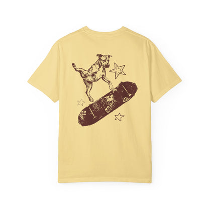banana t-shirt with a graphic of a dog on a skateboard and stars on a white background