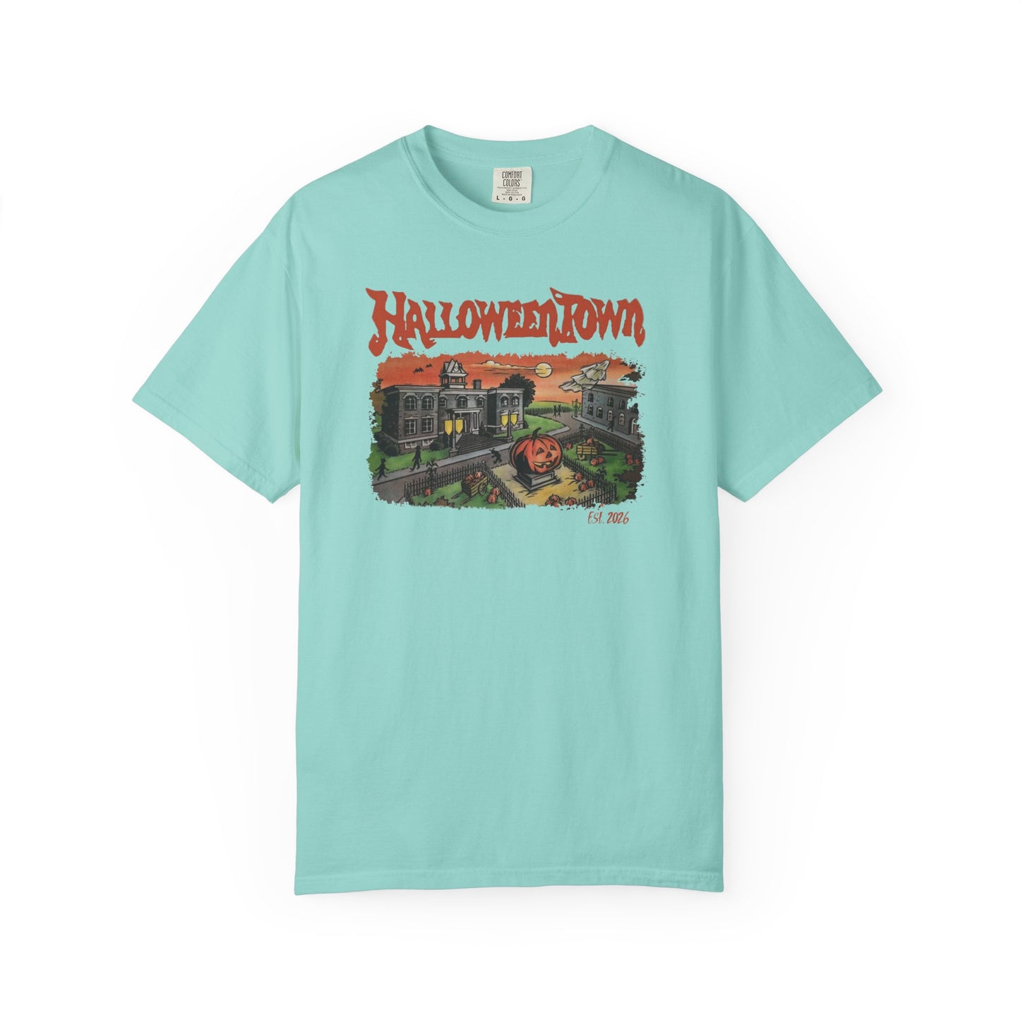 Halloweentown University T-Shirt in Chalky Mint— retro spooky campus graphic tee, garment dyed